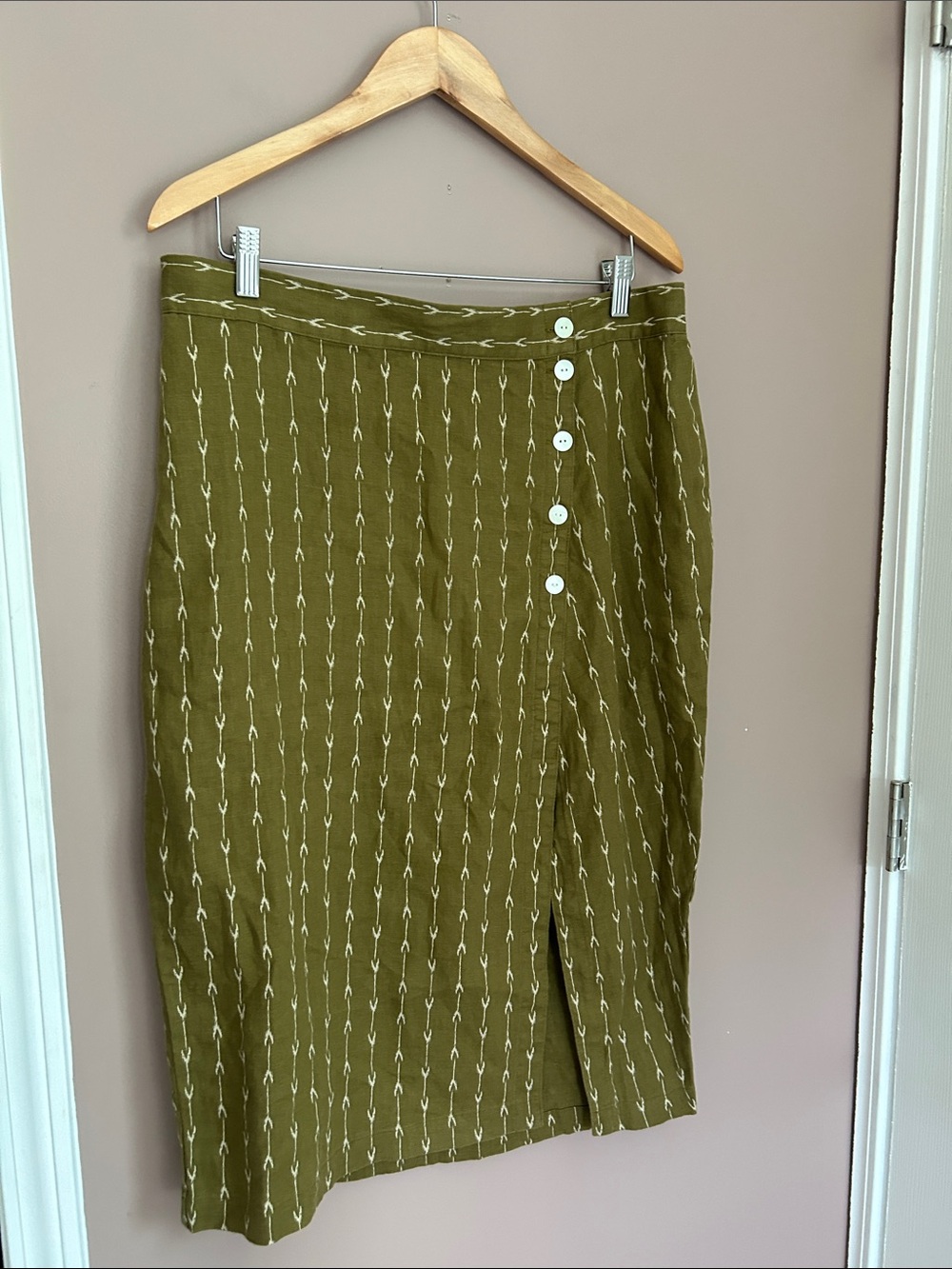 Garnet Hill Kona Linen Skirt Olive Green Geometric Midi Front Split Size L - Picture 6 of 13